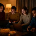 Sekelompok teman bermain game bersama di ruang tamu pada malam hari