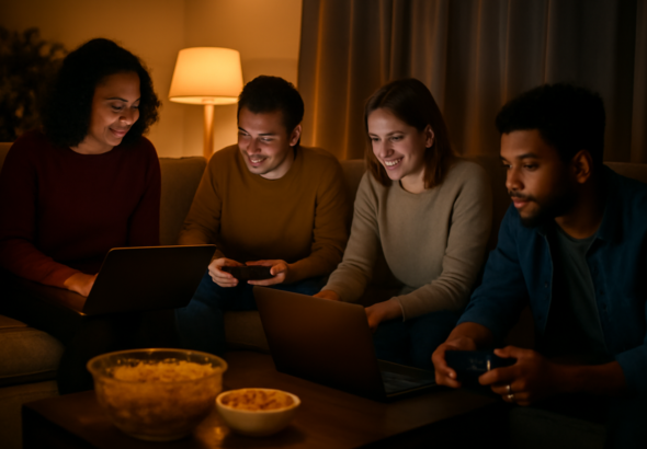 Sekelompok teman bermain game bersama di ruang tamu pada malam hari
