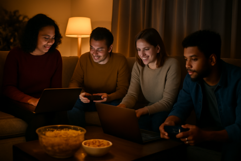 Sekelompok teman bermain game bersama di ruang tamu pada malam hari