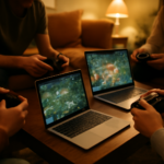 Sekelompok pemain game koop online bermain bersama di ruang tamu dengan laptop dan controller