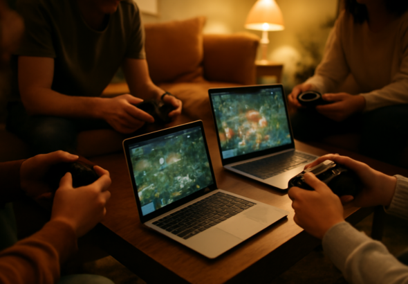 Sekelompok pemain game koop online bermain bersama di ruang tamu dengan laptop dan controller