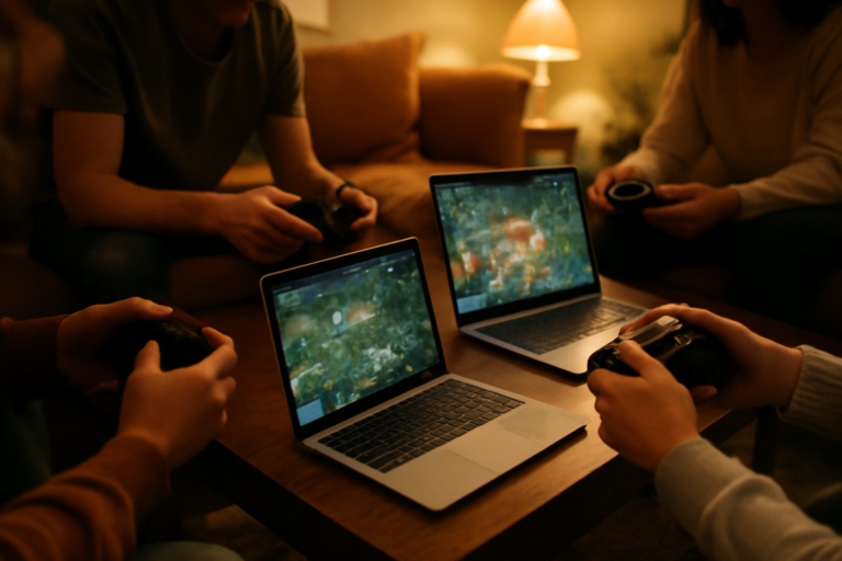 Sekelompok pemain game koop online bermain bersama di ruang tamu dengan laptop dan controller