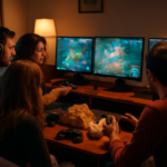 Empat pemain duduk di depan monitor bermain game koop PC bersama di ruang tamu