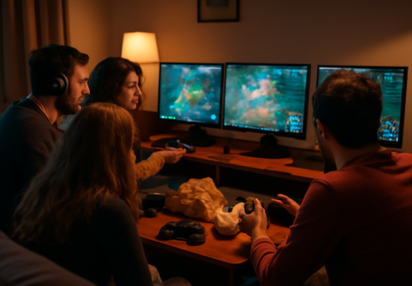 Empat pemain duduk di depan monitor bermain game koop PC bersama di ruang tamu