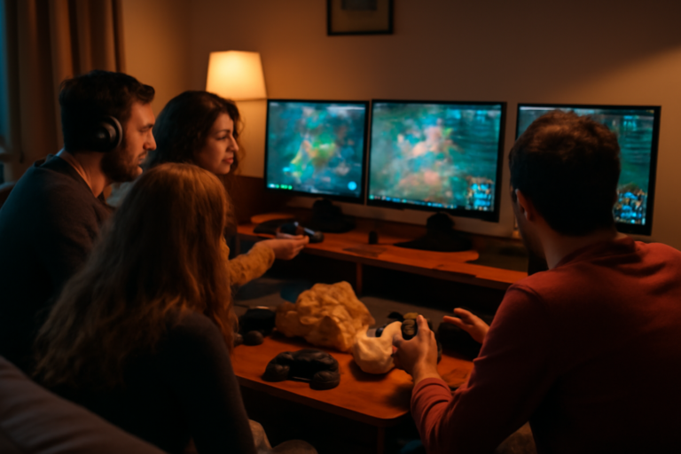 Empat pemain duduk di depan monitor bermain game koop PC bersama di ruang tamu