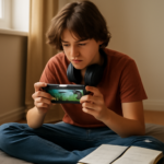 Pemain solo sedang memainkan game battle royale di ponsel dengan catatan kecil di sampingnya