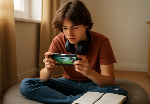 Pemain solo sedang memainkan game battle royale di ponsel dengan catatan kecil di sampingnya