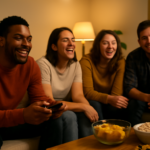 Sekelompok teman bermain game party bersama di ruang tamu dengan satu layar televisi