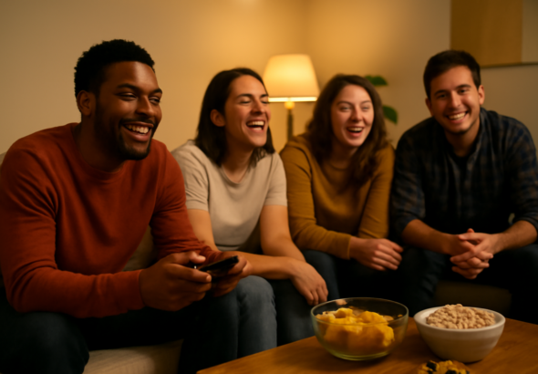 Sekelompok teman bermain game party bersama di ruang tamu dengan satu layar televisi