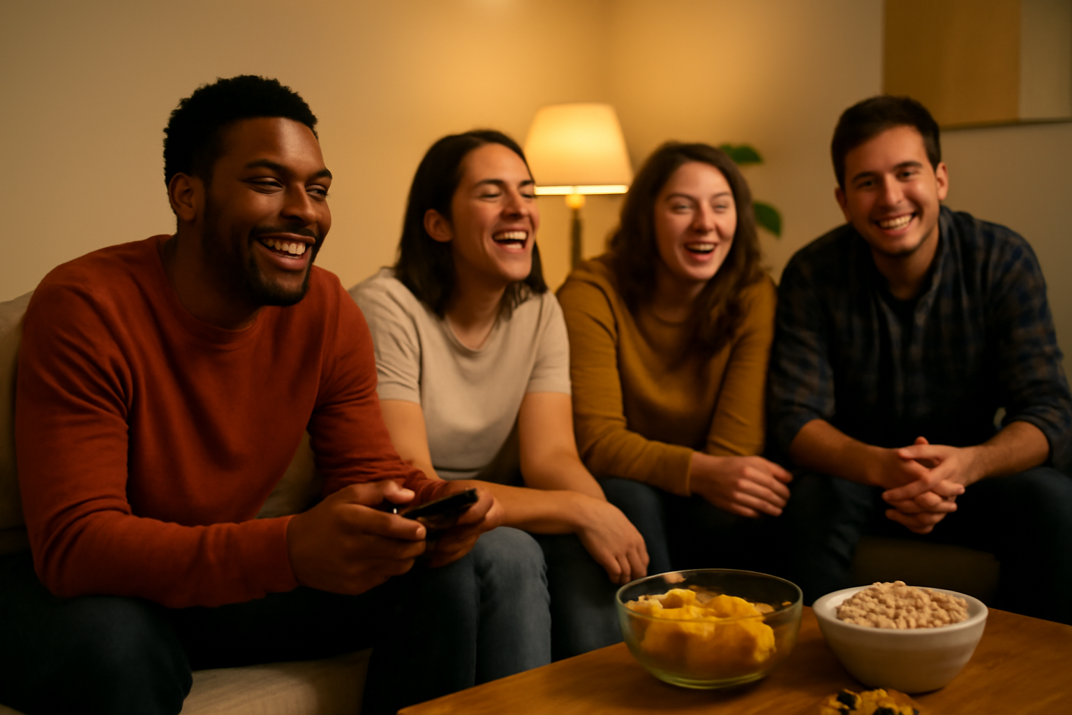 Sekelompok teman bermain game party bersama di ruang tamu dengan satu layar televisi