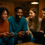 Sekelompok pemain game berinteraksi di ruang komunitas dengan laptop dan konsol