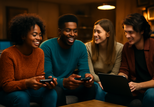 Sekelompok pemain game berinteraksi di ruang komunitas dengan laptop dan konsol
