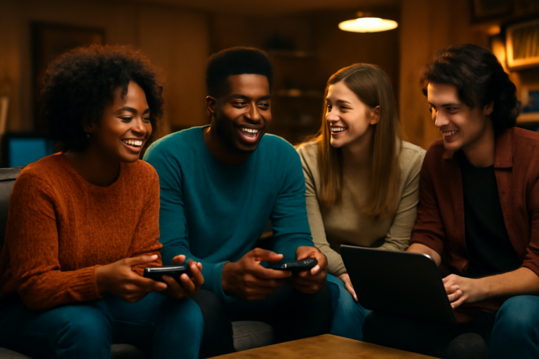 Sekelompok pemain game berinteraksi di ruang komunitas dengan laptop dan konsol